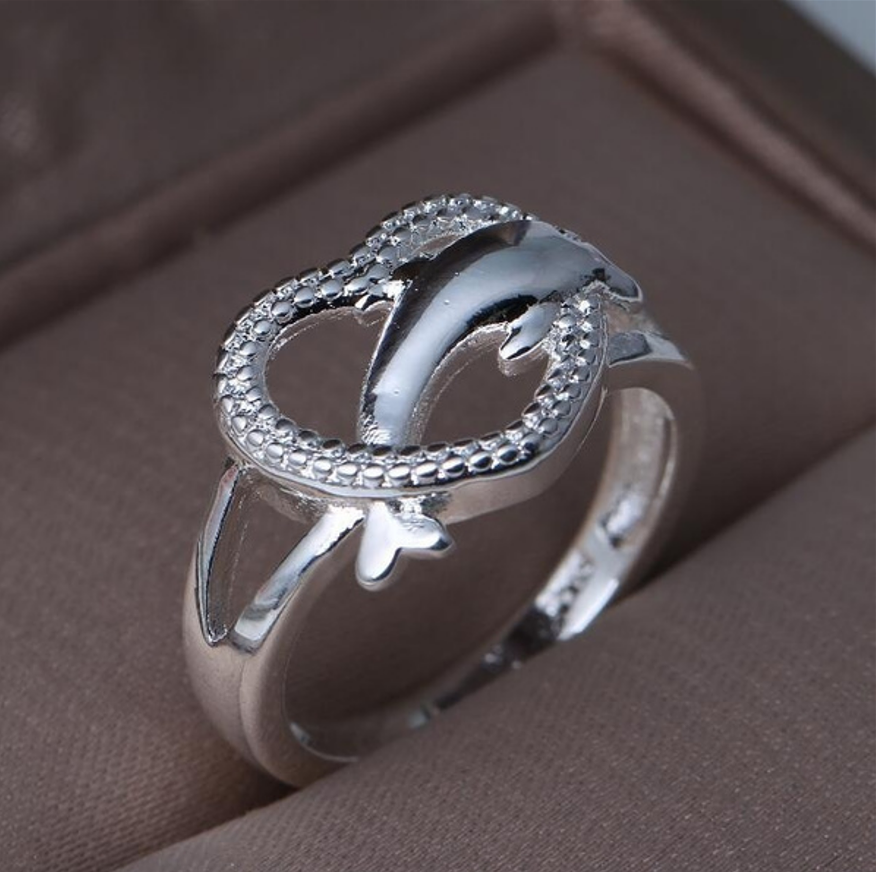 925 Sterling Silver Cute Dolphin Hollow Heart Ring