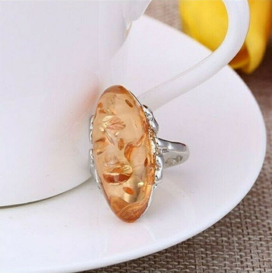 Huge Oval Orange Amber Vintage Silver Ring