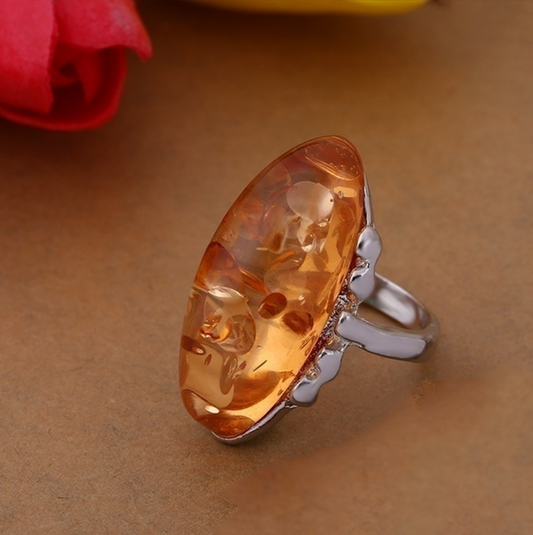 Huge Oval Orange Amber Vintage Silver Ring