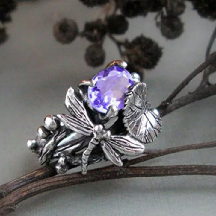 Retro Vintage Leaf Dragonfly Purple Crystal Silver Ring