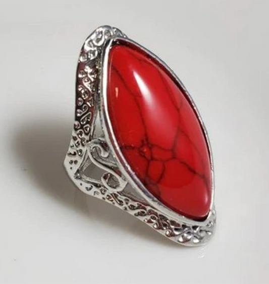 Natural Red 27mm Stone Hollow Antique Silver Ring