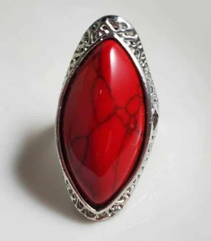 Natural Red 27mm Stone Hollow Antique Silver Ring