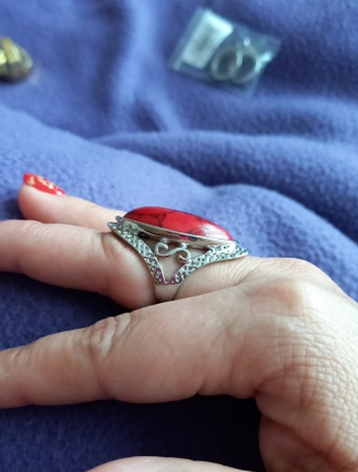 Natural Red 27mm Stone Hollow Antique Silver Ring