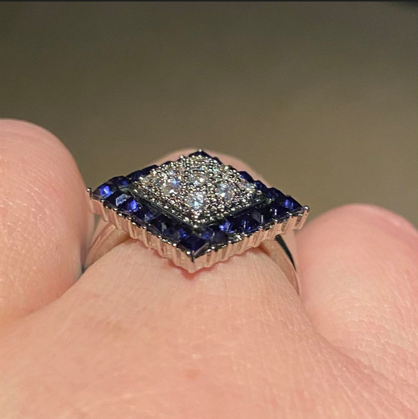 Art Deco Blue Faux Sapphire Vintage Silver Cluster Ring