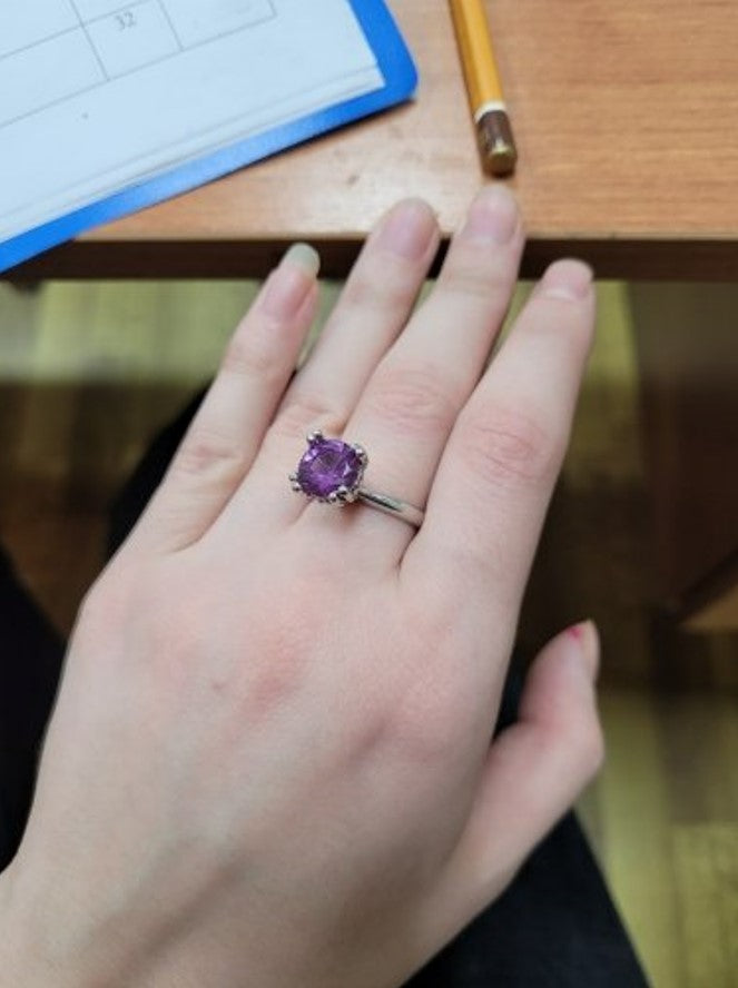 925 Sterling Silver Round Purple Amethyst Unique Ring