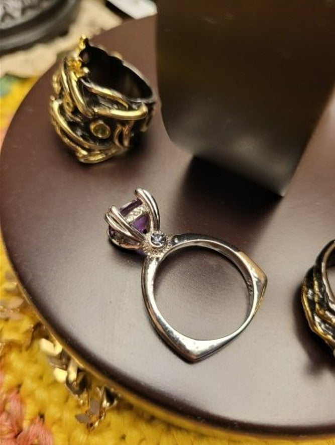 925 Sterling Silver Round Purple Amethyst Unique Ring