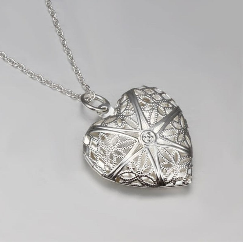 Hollow Heart Locket Silver Pendant Necklace & 20" Chain