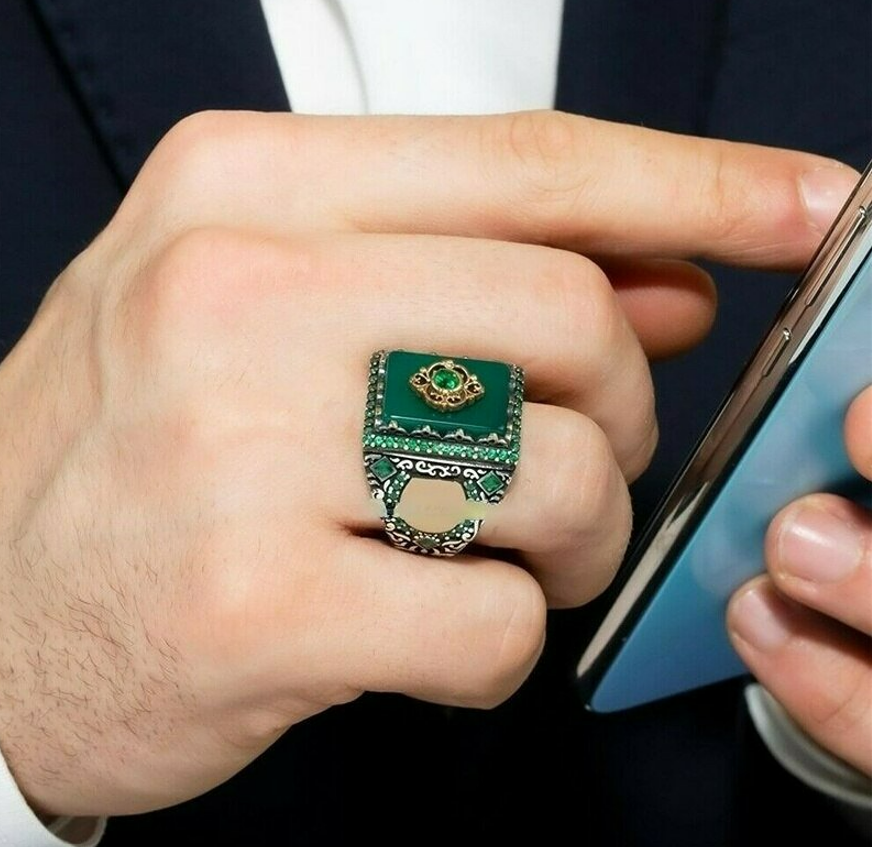 Men's Large Handmade Emerald Green Square Two Tone European Ring