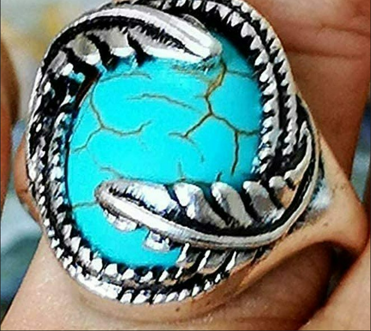 Oval Cut Natural Bohemia Turquoise Vintage Feather Antique Silver Ring
