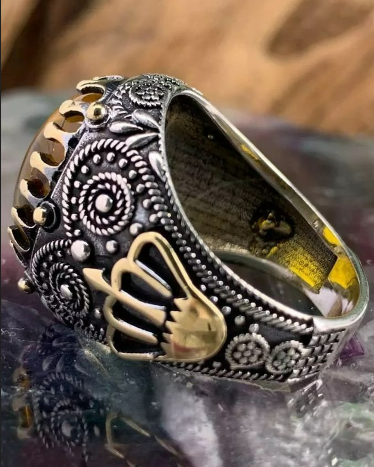 Men's Oval Gothic Crown Yellow Amber Ant Fossil Insect Two-Tone Ring
