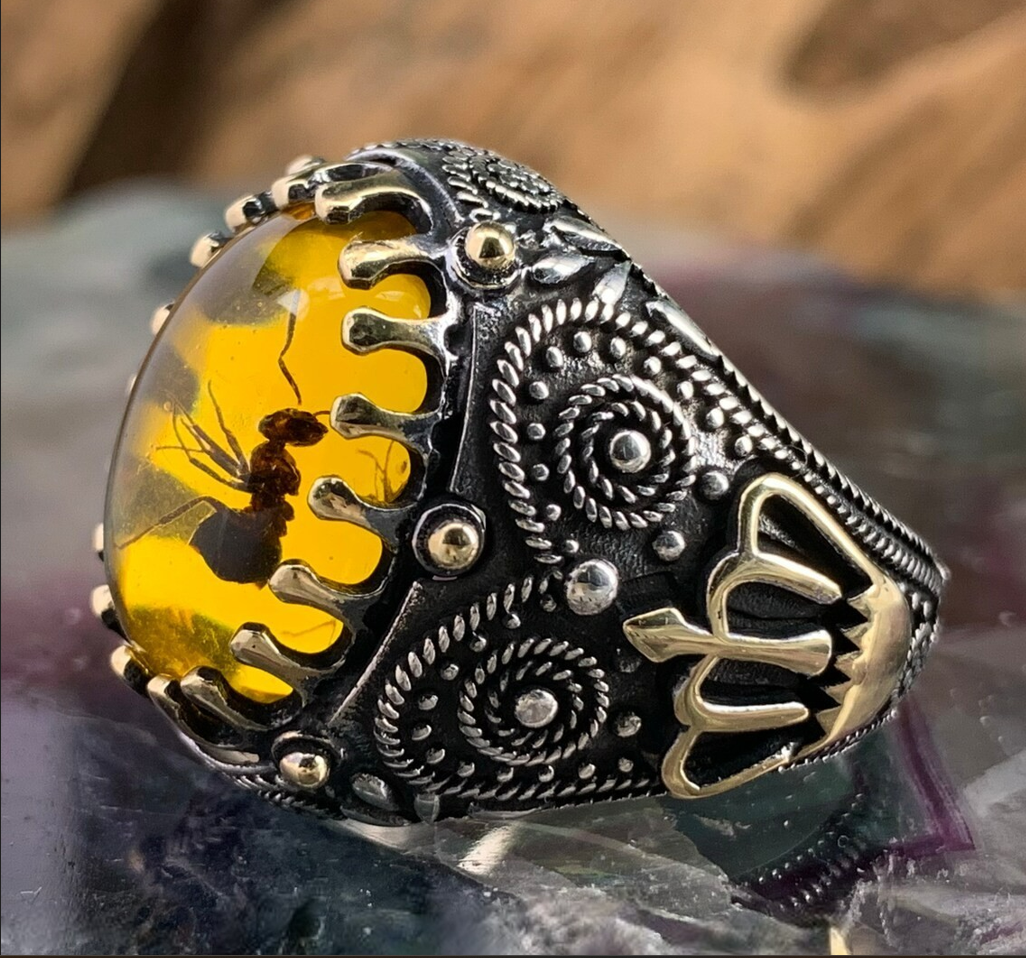 Men's Oval Gothic Crown Yellow Amber Ant Fossil Insect Two-Tone Ring