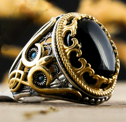 Men's Turkish Handmade Two Tone Black Zircon Vintage Ring