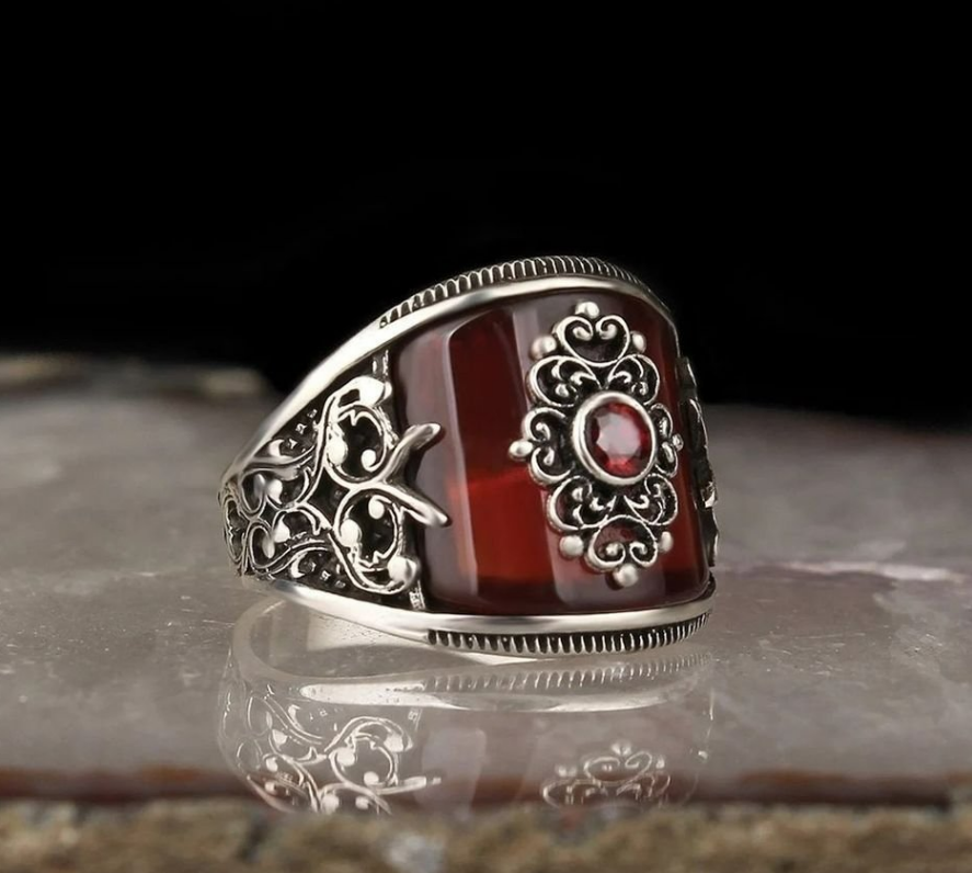 Men's Handmade Red Agate Stone Silver Ring