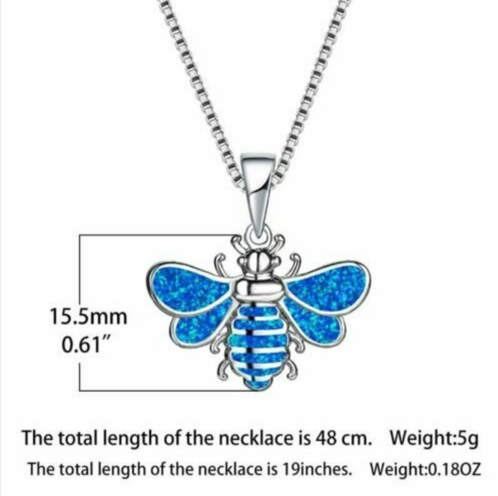 Blue Opal Bee Insect Silver Boho Necklace