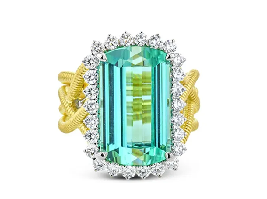 Big Green Emerald Cut Unique Geometric Gold Ring