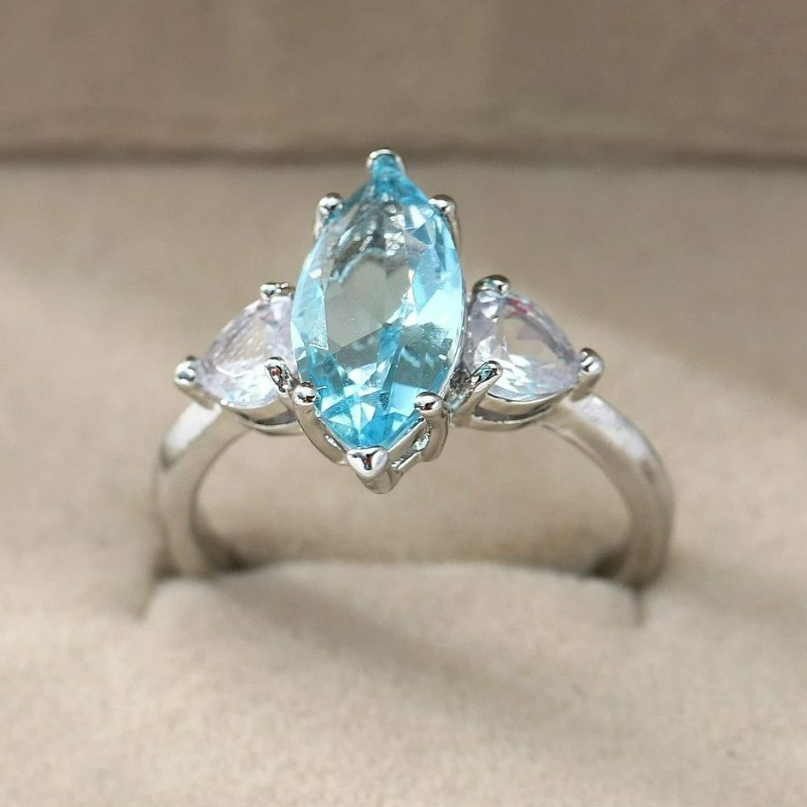 Silver Blue Aquamarine Marquise Ring