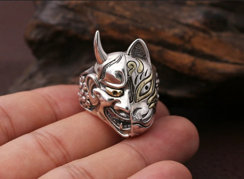 Japanese Prajna Hannya Mask Head Flower Silver Ring