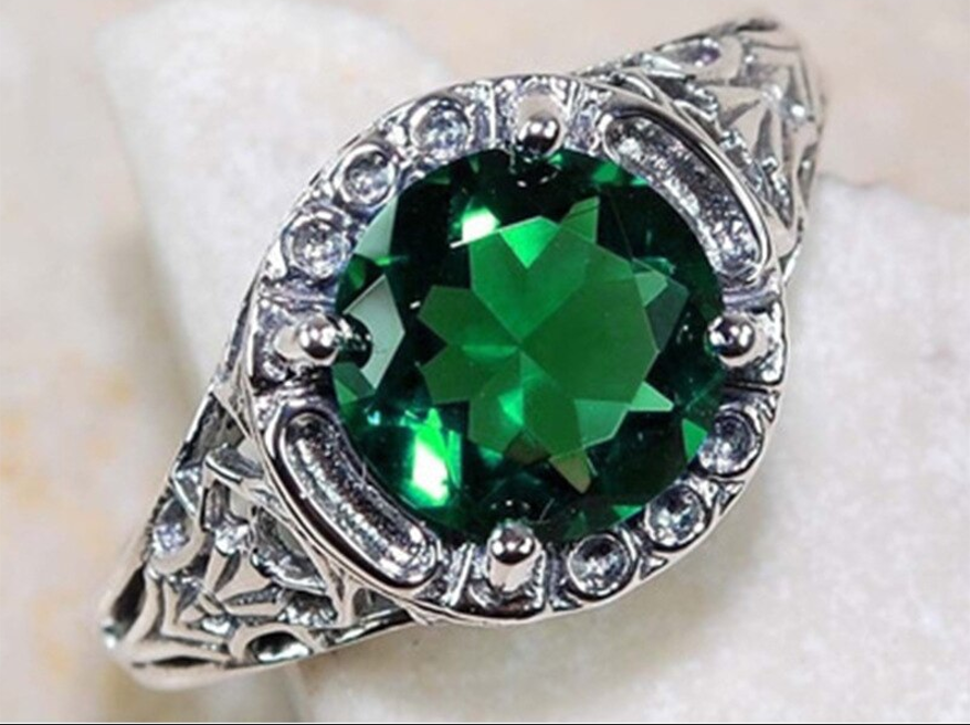 1CT Hollow Green Topaz Art Deco Vintage Silver Filigree Ring