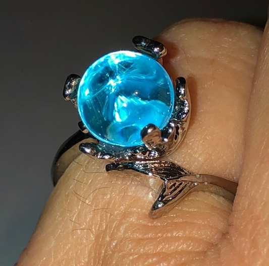 Retro Mermaid Blue Crystal Fishtail Open Silver Ring