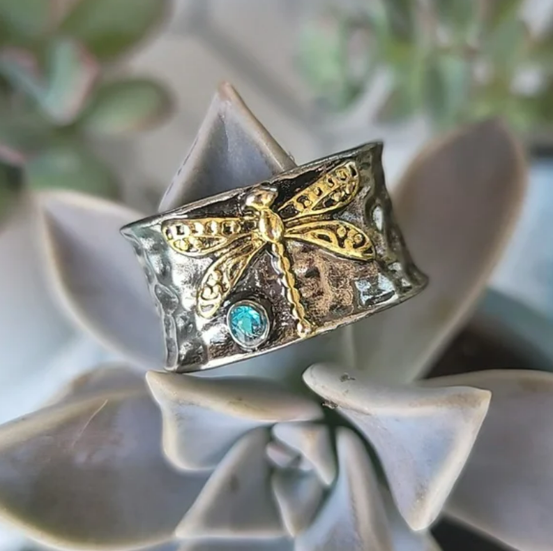 Sterling Silver Dragonfly Blue Topaz Two-Tone Ring