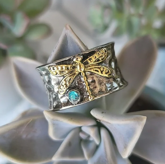 Sterling Silver Dragonfly Blue Topaz Two-Tone Ring