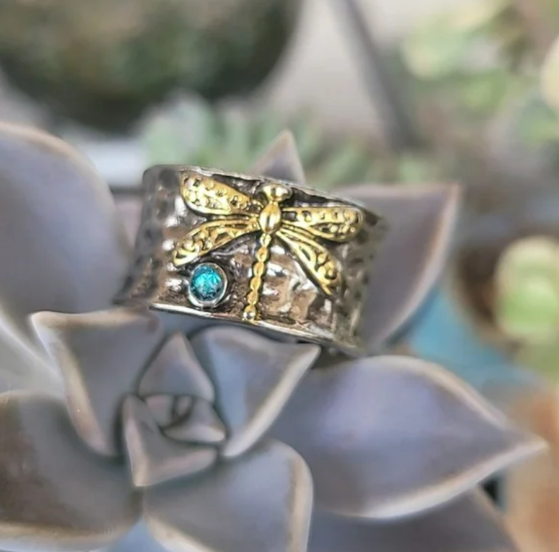 Sterling Silver Dragonfly Blue Topaz Two-Tone Ring