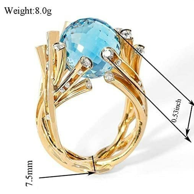 Creative Blue Crystal Ball Cocktail Golden Branch Ring