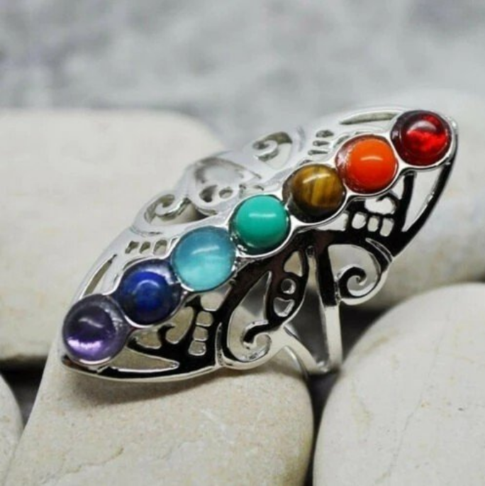 7 Chakra Healing Stone Beaded Open Silver Ring