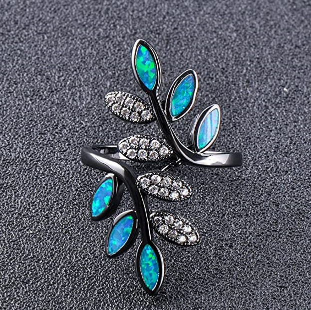 35mm Blue Opal & CZ Zircon Leaf Branch Ring