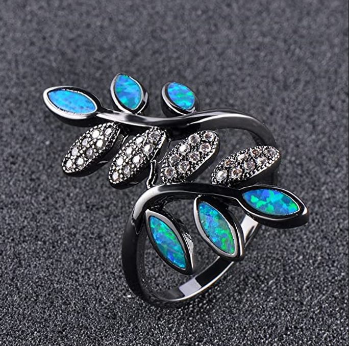 35mm Blue Opal & CZ Zircon Leaf Branch Ring