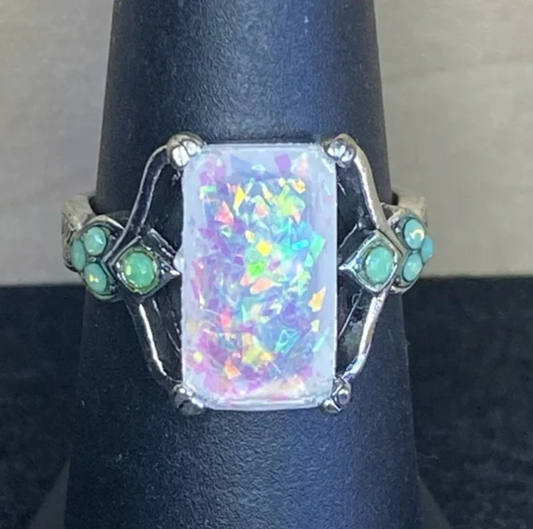 Victorian Style Square White Fire Opal Silver Ring