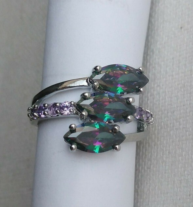 3 Marquise Mystic Rainbow Topaz Silver Ring