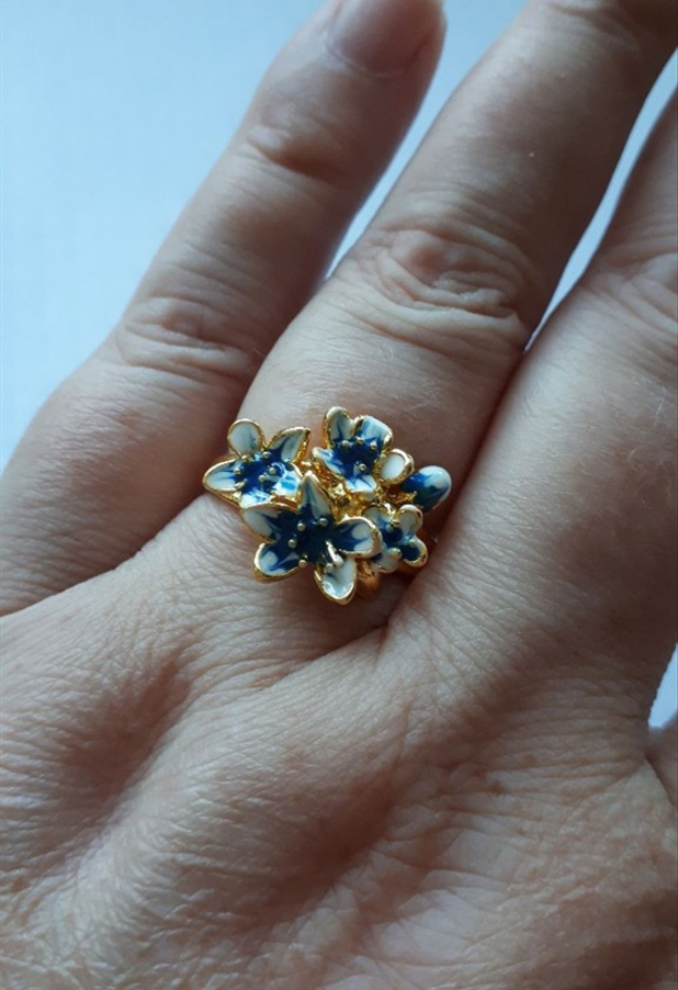 925 Sterling Silver Filled Blue Enamel Lotus Flower Gold Tone Ring