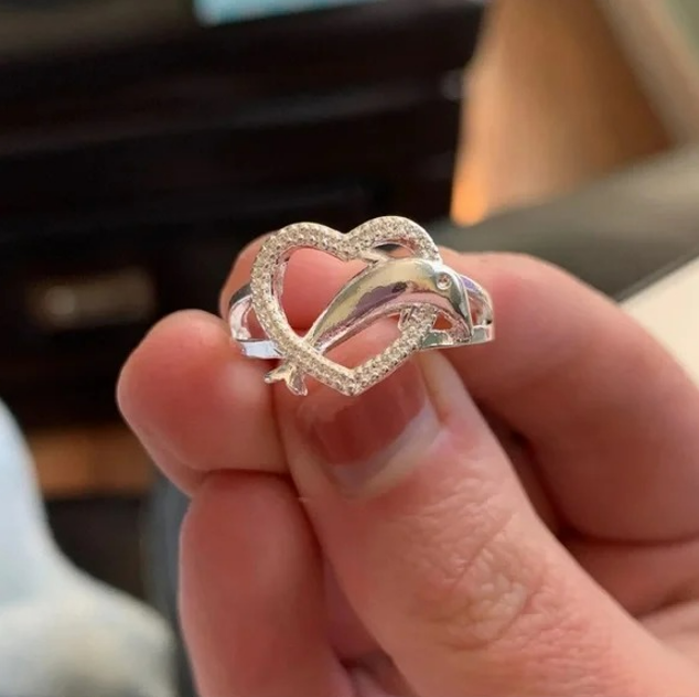 925 Sterling Silver Cute Dolphin Hollow Heart Ring