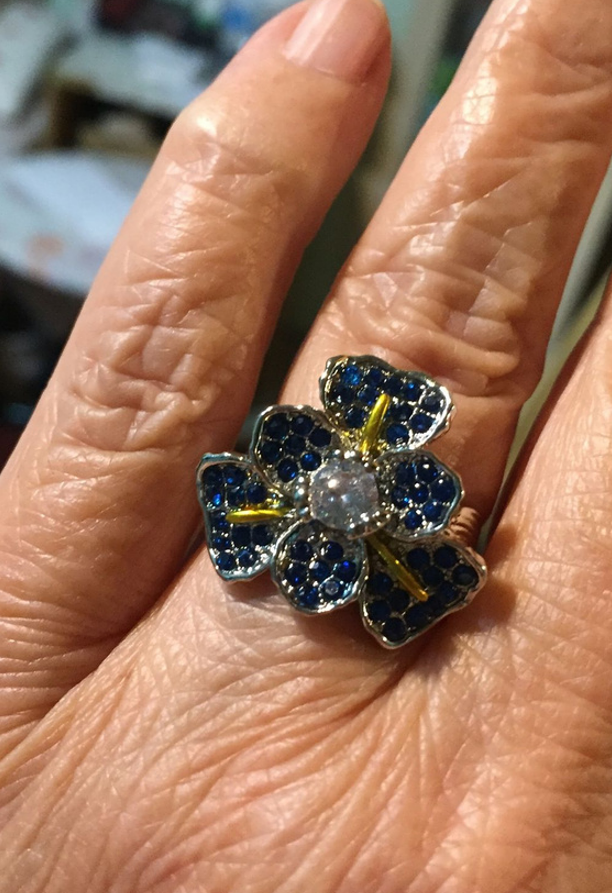 Sterling Silver Blue Iris Flower Crystals Ring