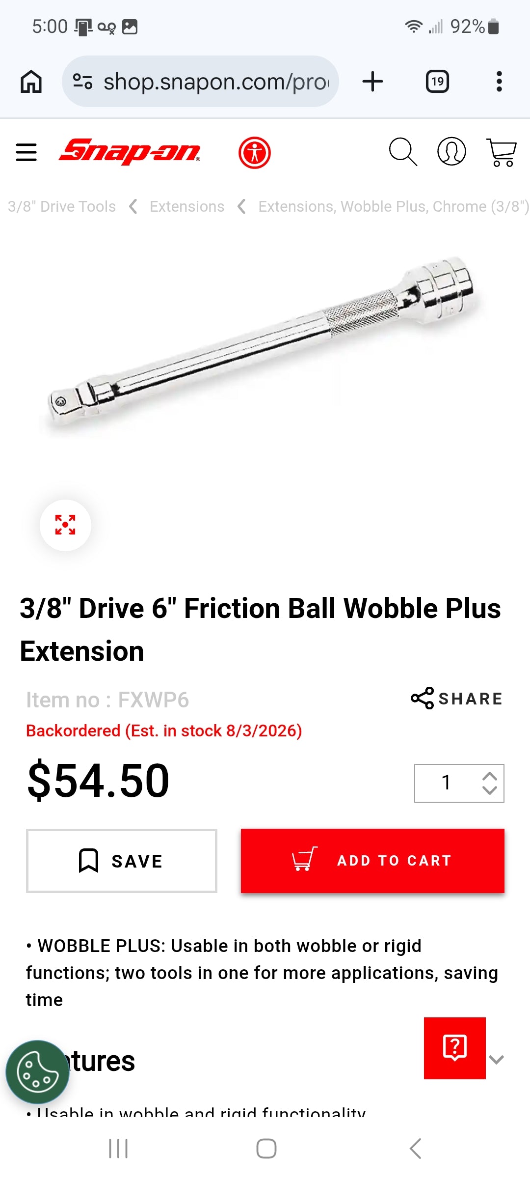 Snap-on FXWP6 3/8" Drive 6" Friction Ball Wobble Plus Extension
