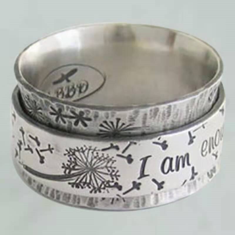 Engraved Dandelion "I Am Enough" Silver Wide Band Ring
