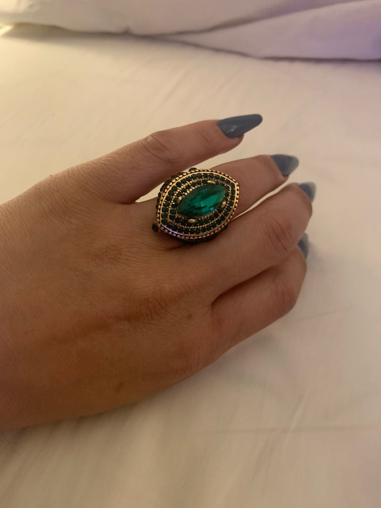 Vintage Bulgaria Green Marquise Antique Gold Ethnic Ring