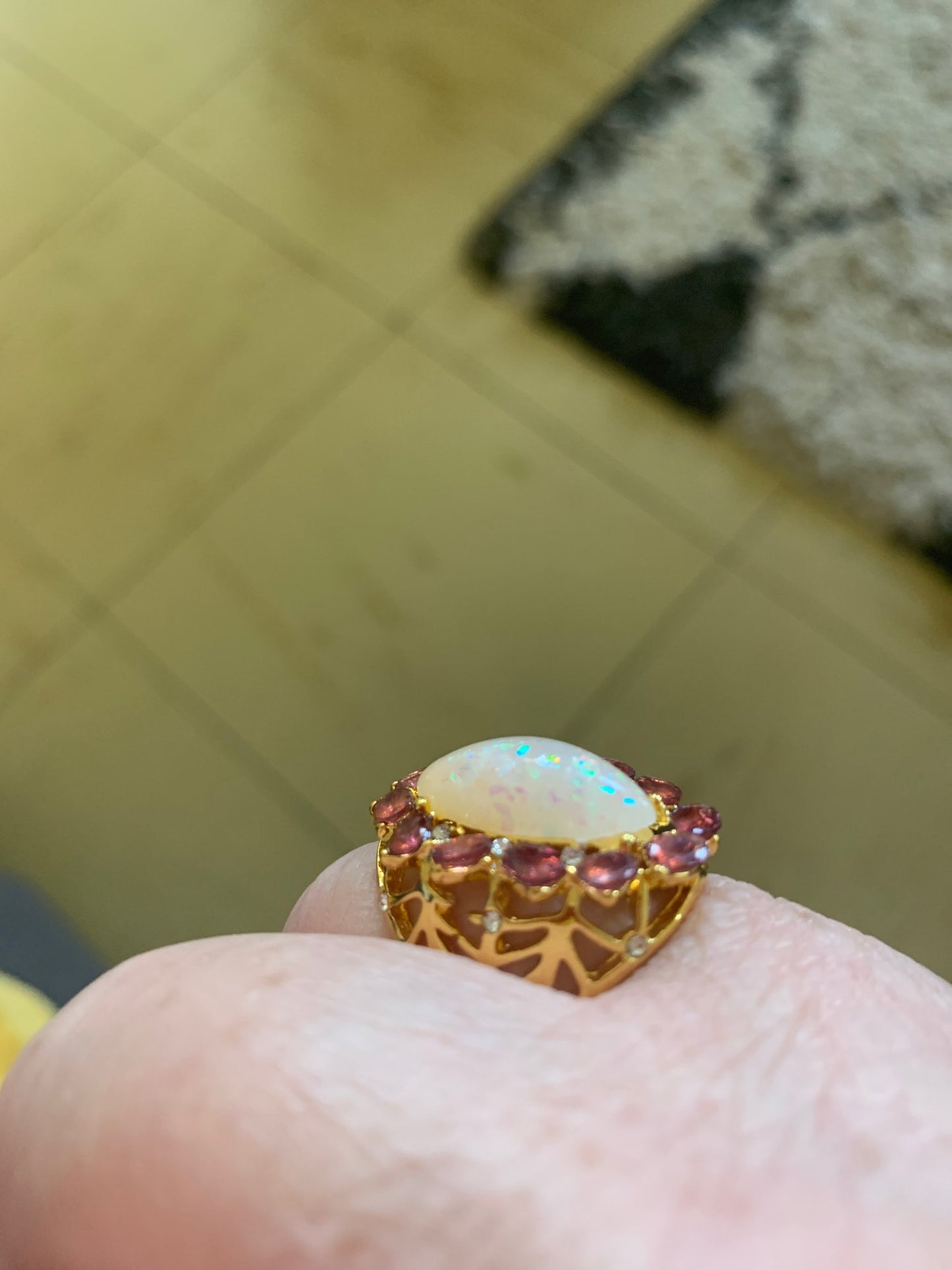 Purple Amethyst Crystals & White Opal Marquise Gold Halo Ring