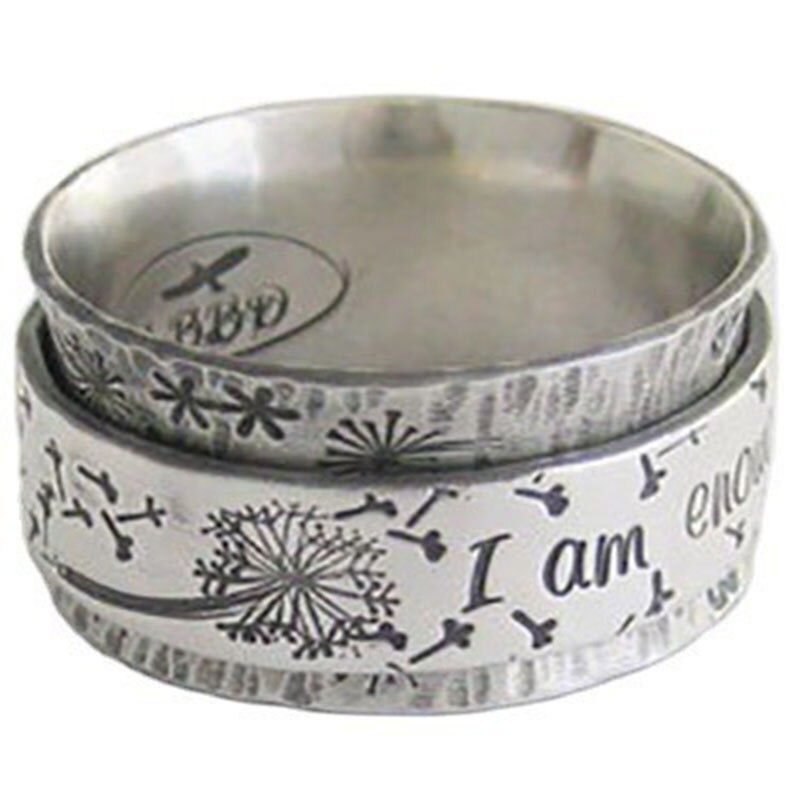 Engraved Dandelion "I Am Enough" Silver Wide Band Ring