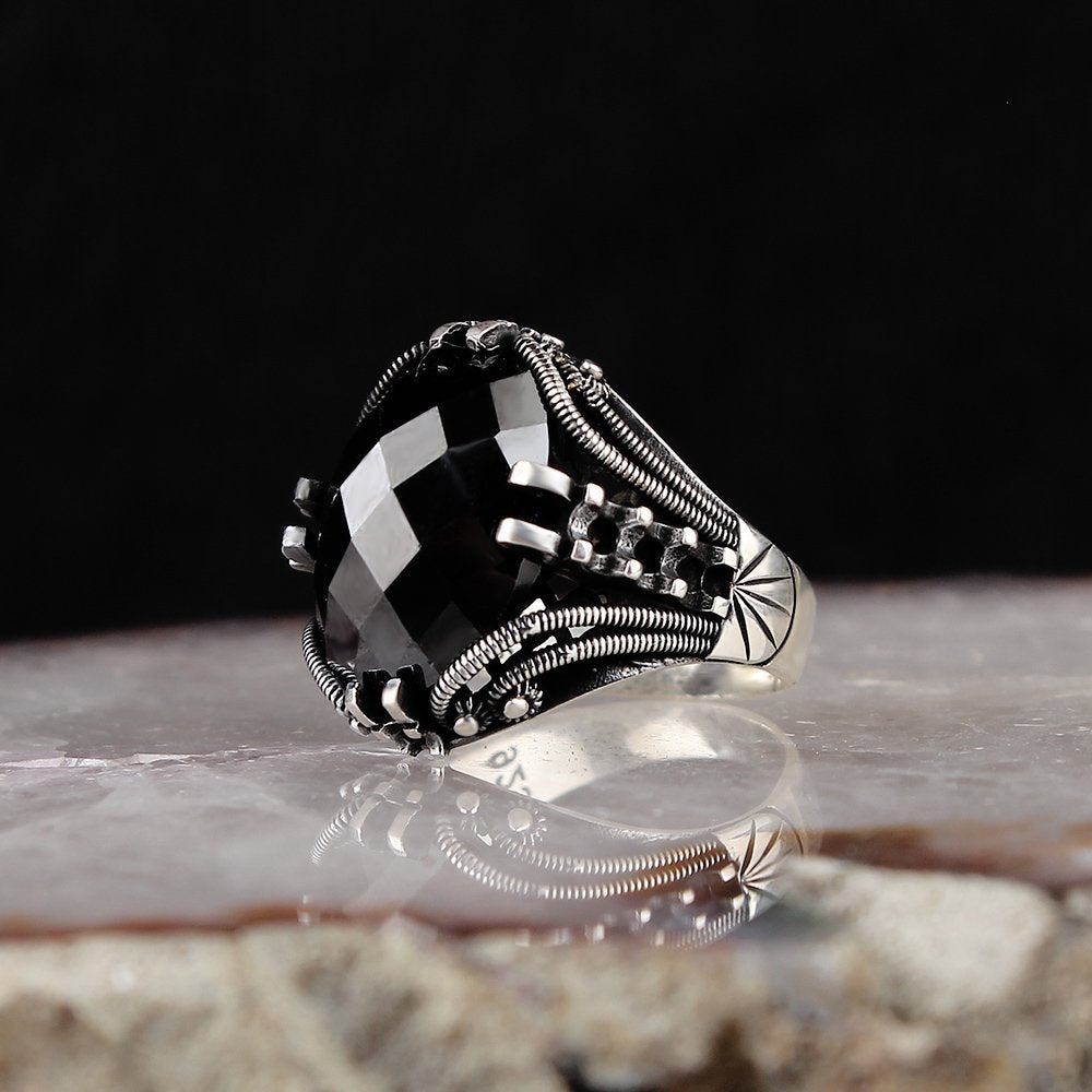 Men's Domineering Black Zircon Turkish Silver Ring