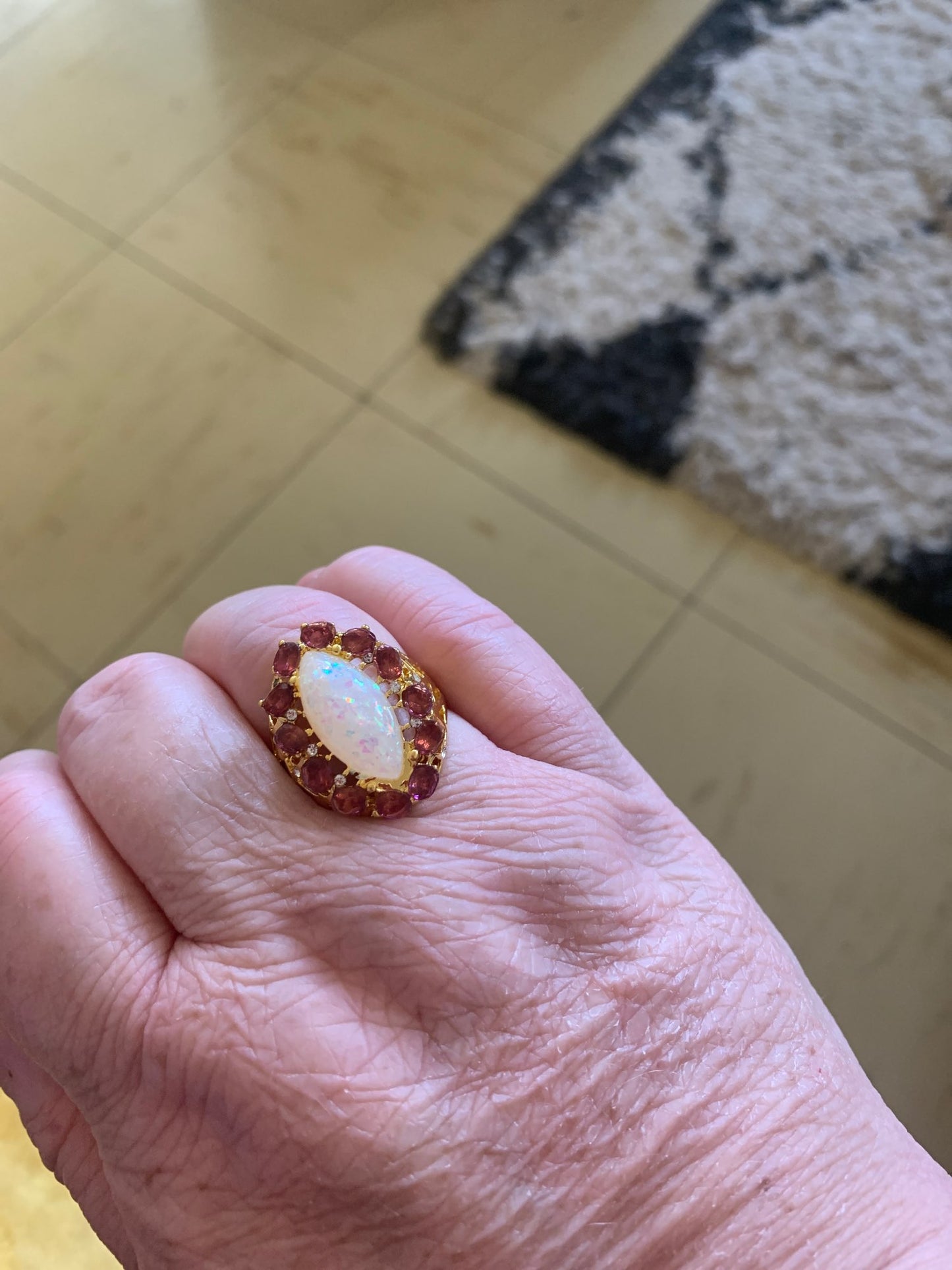 Purple Amethyst Crystals & White Opal Marquise Gold Halo Ring