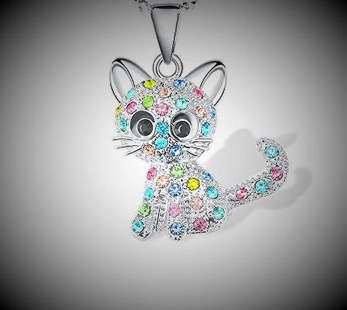 Cute Girls Cat Kitten Colorful Silver Necklace