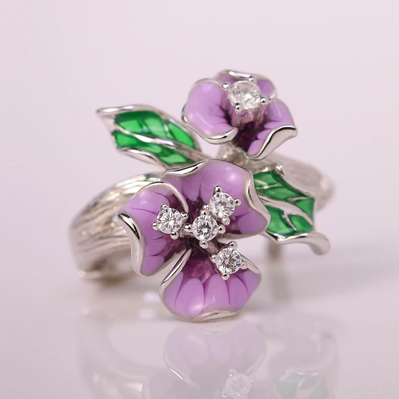 Sterling Silver Purple Plum Lotus Flower Leaves Enamel Ring