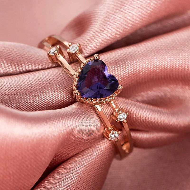 Sterling Silver Rose Gold Inlaid Purple Heart-Shape Ring
