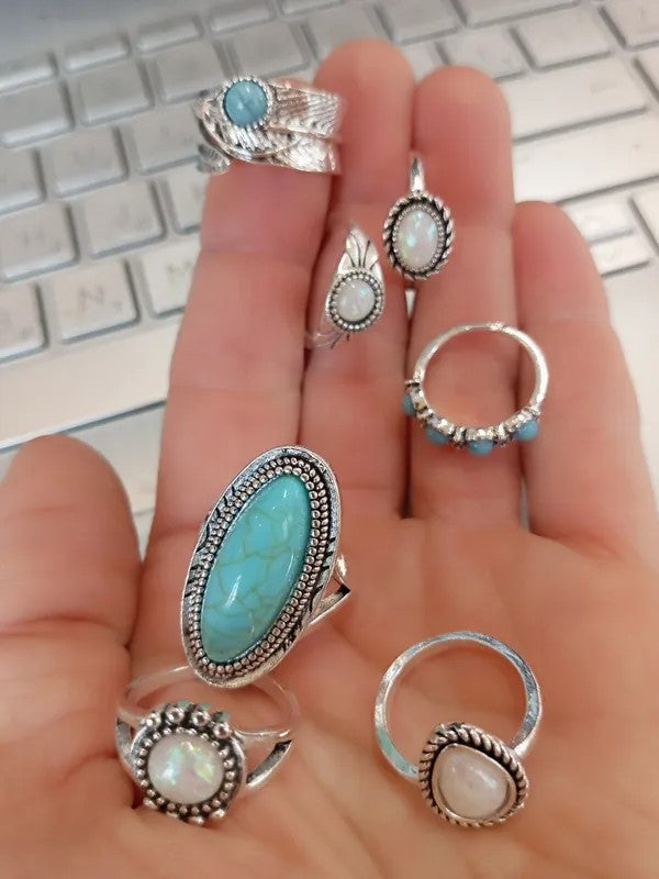 8pcs Vintage Blue Turquoise Antique Silver Ring Set