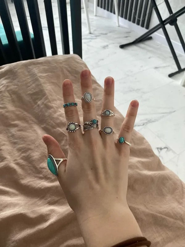 8pcs Vintage Blue Turquoise Antique Silver Ring Set