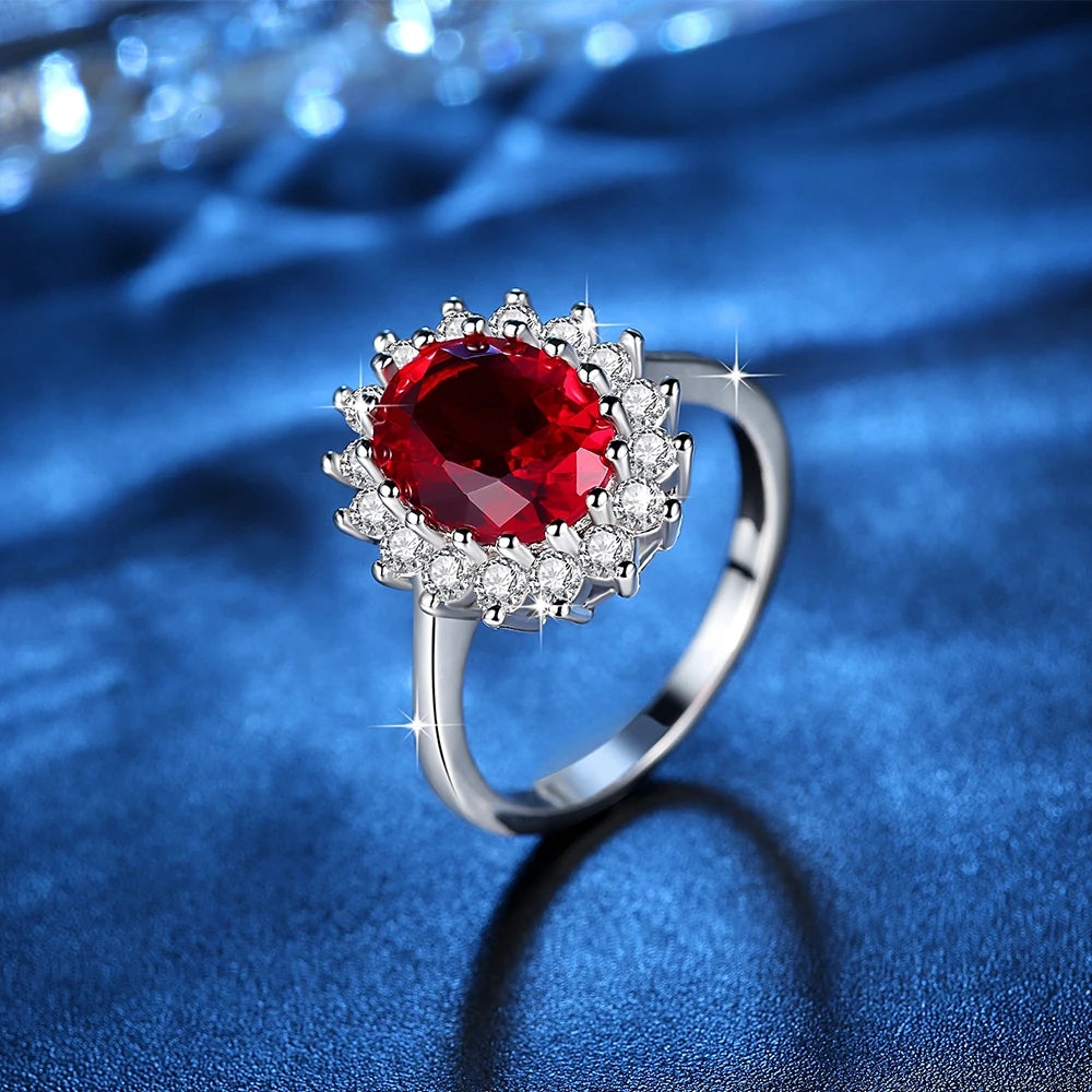 Sterling Silver Oval Ruby Red Flower Open Ring