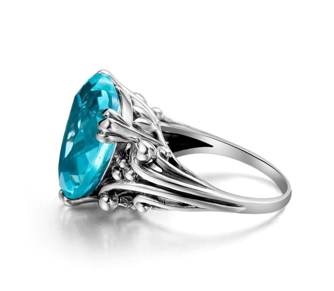 12mm Blue Aquamarine Silver Tone Heart Shaped Ring