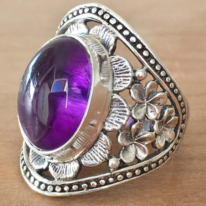 Vintage Hand Carved Flower Purple Amethyst Silver Ring